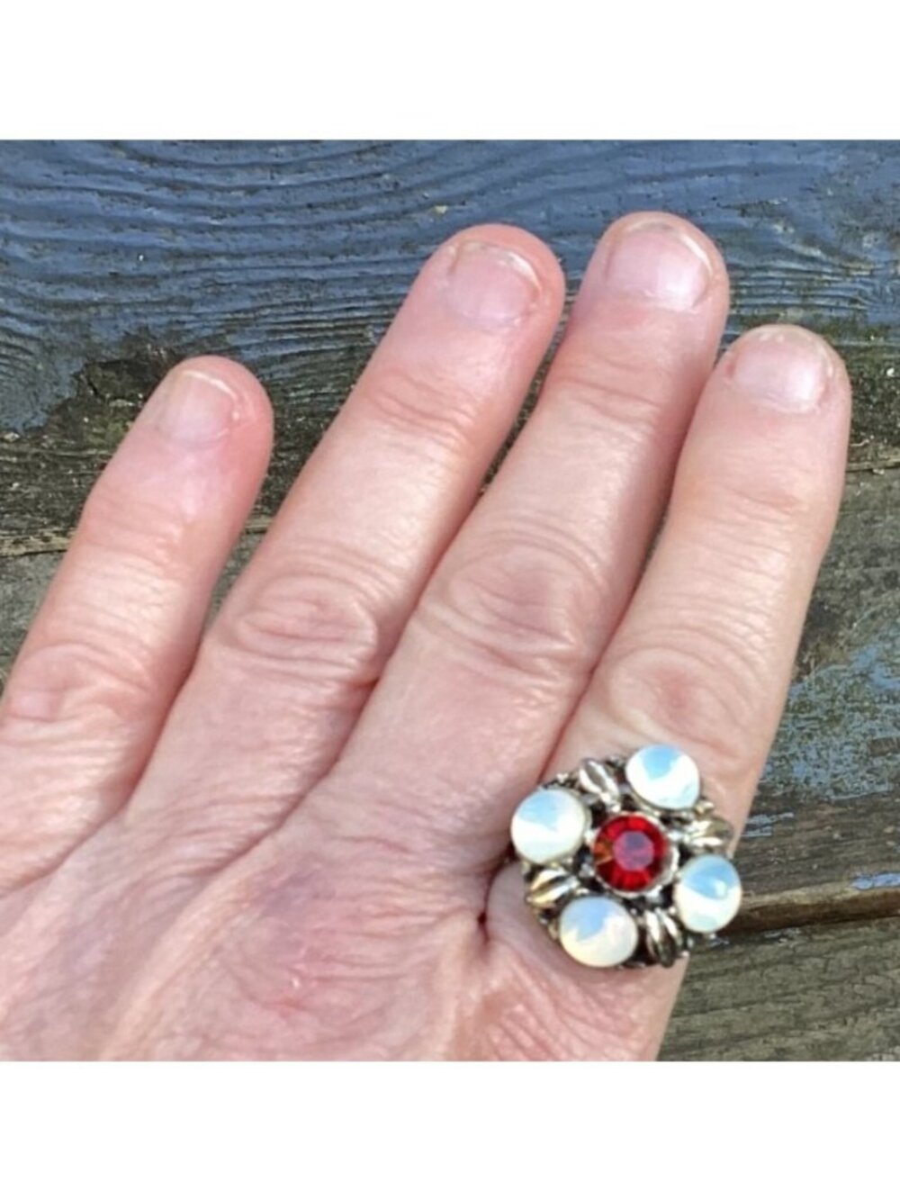 Vintage Ornate Faux Opal and Red Rhinestone Gold Tone Adjustable Cocktail Ring - Picture 2 of 7